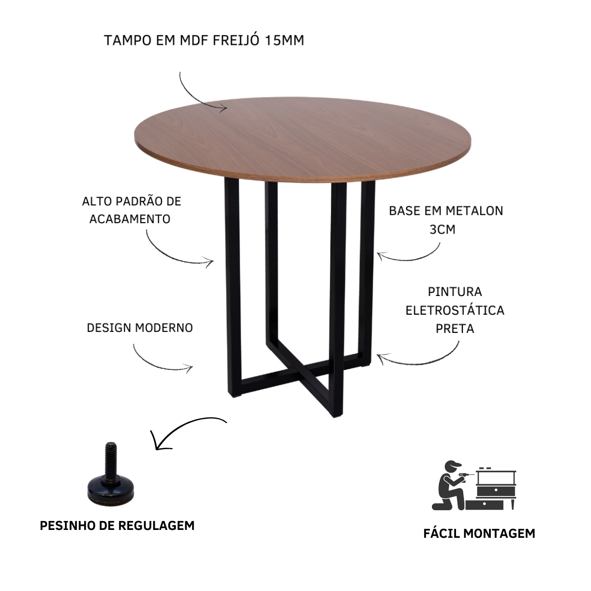 Mesa de Jantar Miró Redonda 90cm Freijó Estilo Industrial para 4 Lugares