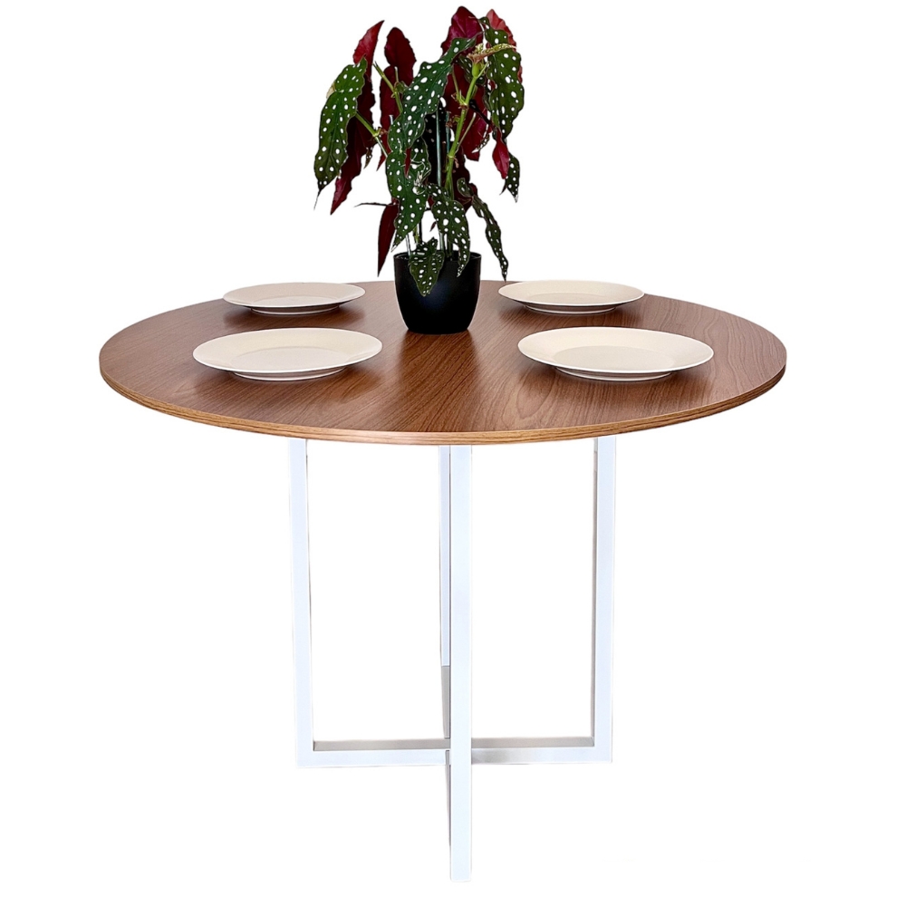 Mesa de jantar redonda Miró 110cm estilo industrial Freijó com Branco 4 lugares