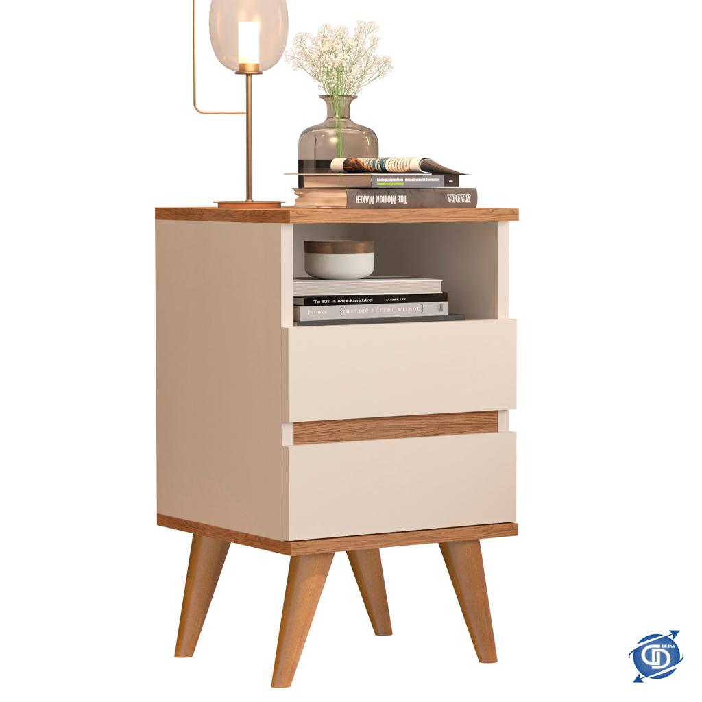 Mesa De Cabeceira Pop Retrô Pés Palito e Off White / Freijó