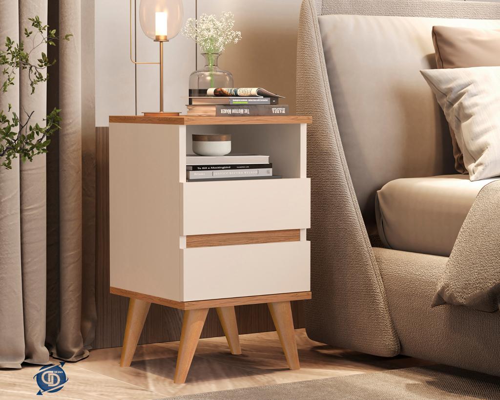 Mesa De Cabeceira Pop Retrô Pés Palito e Off White / Freijó