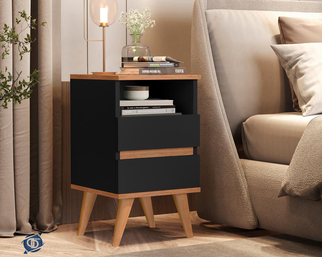 Mesa De Cabeceira Pop Retrô Pés Palito em Madeira Maciça Preto / Nature