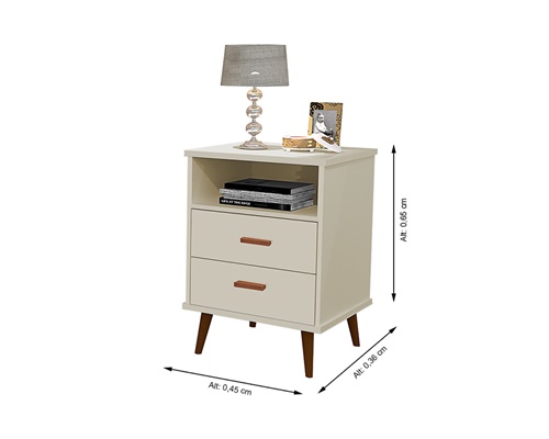 Mesa de Cabeceira ITÁLIA 2 Gavetas com Pés Retro Off White