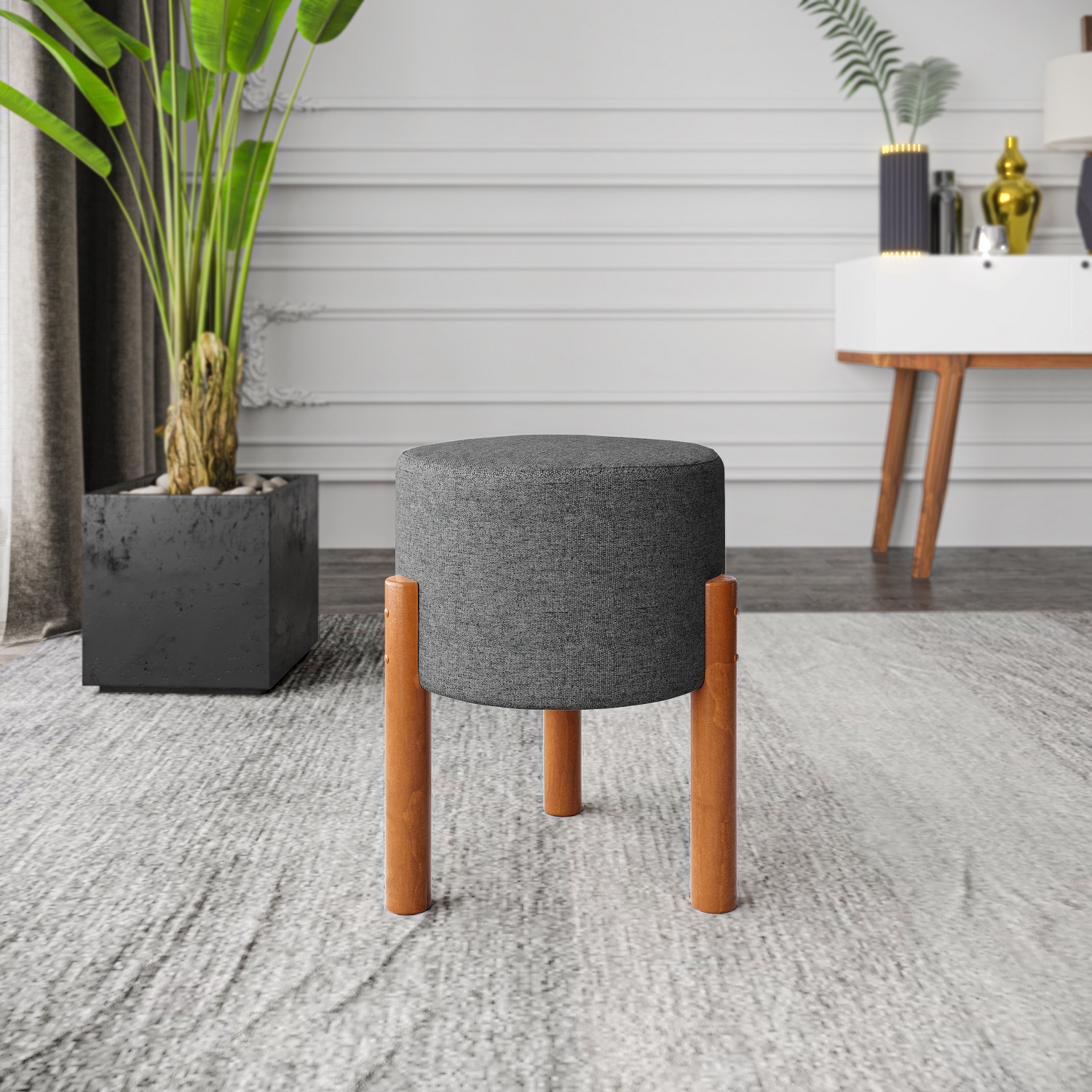 Puff Banqueta Redondo Thor Decorativo Quarto Sala Luxo Cinza