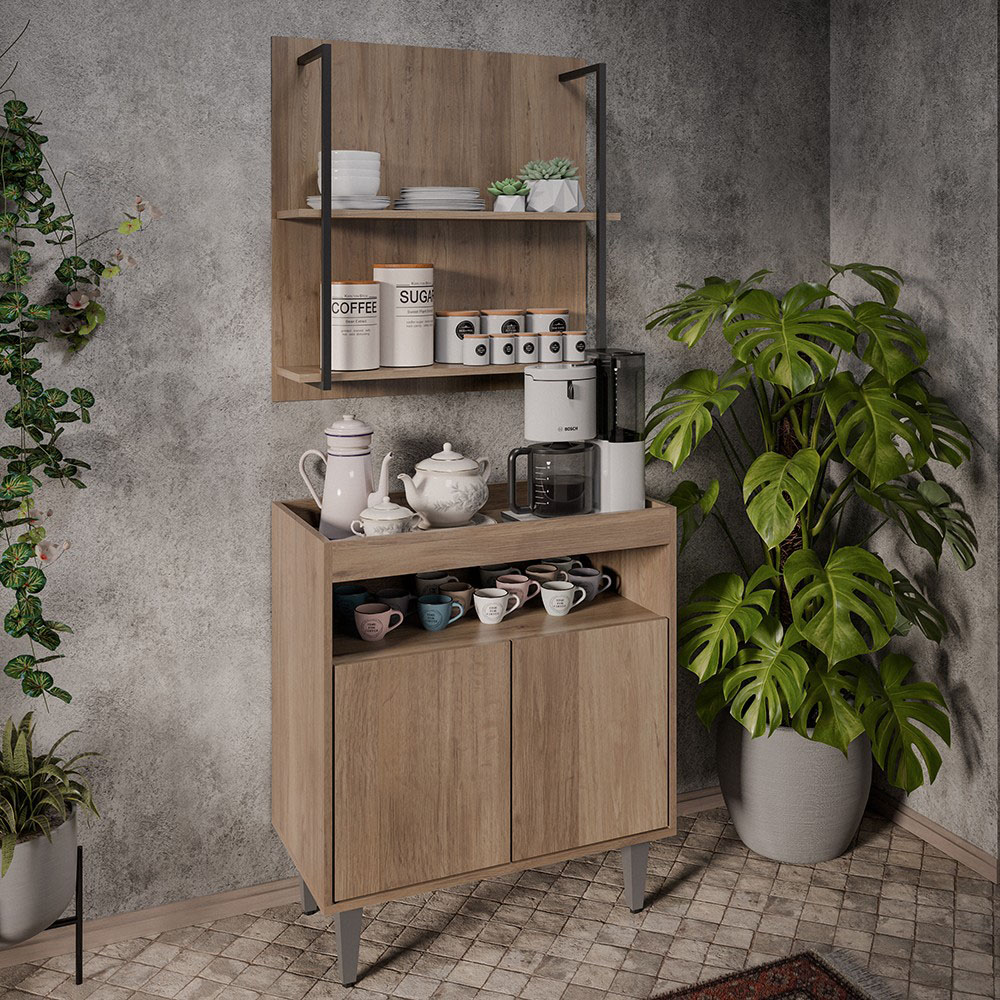 Aparador Cantinho do Café e Painel 2 Prateleiras Flora Z34 Freijó - Mpozenato