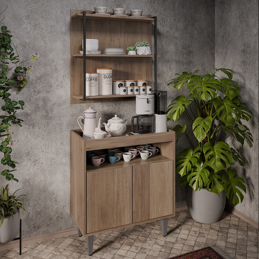 Aparador Cantinho do Café e Painel 3 Prateleiras Flora Z34 Freijó - Mpozenato