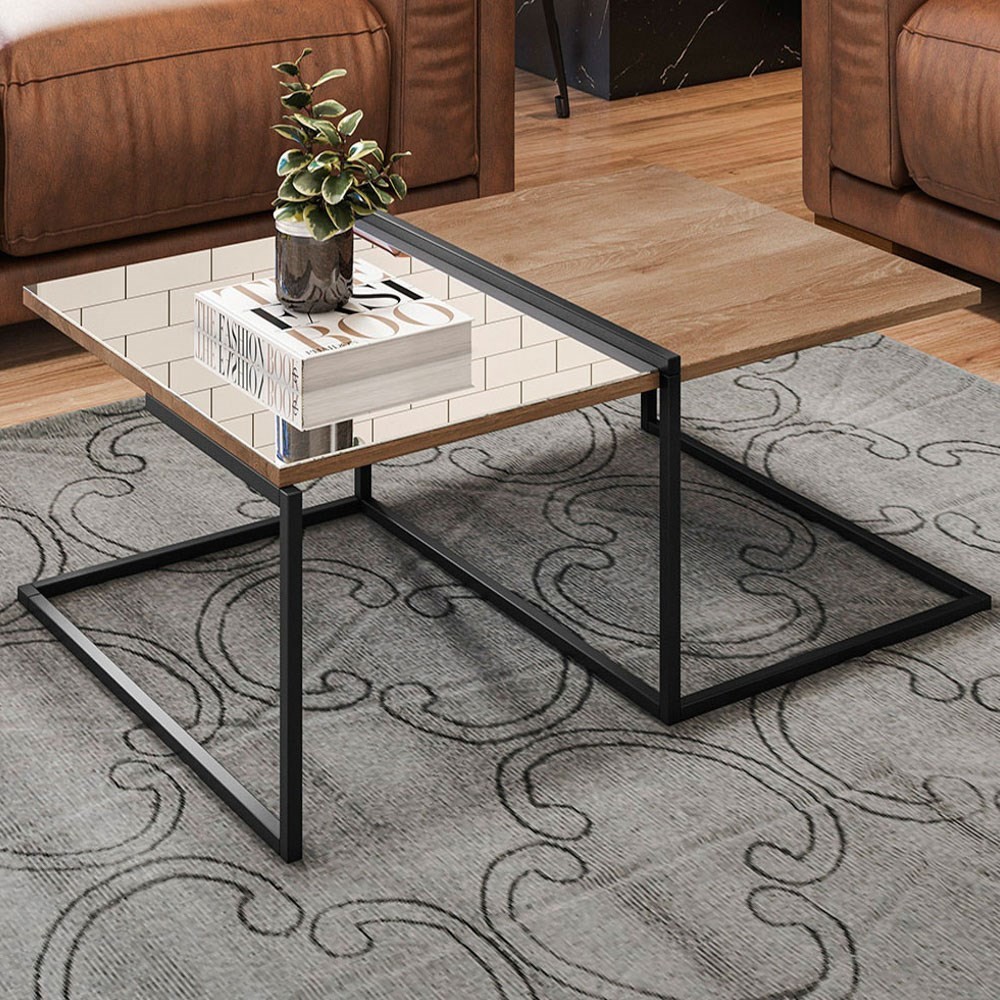 Aparador Espelhado 1 Prateleira e Mesa de Centro com Espelho Pés Metálicos Estilo Industrial Loft D09 Demolição/Preto - Mpozenato
