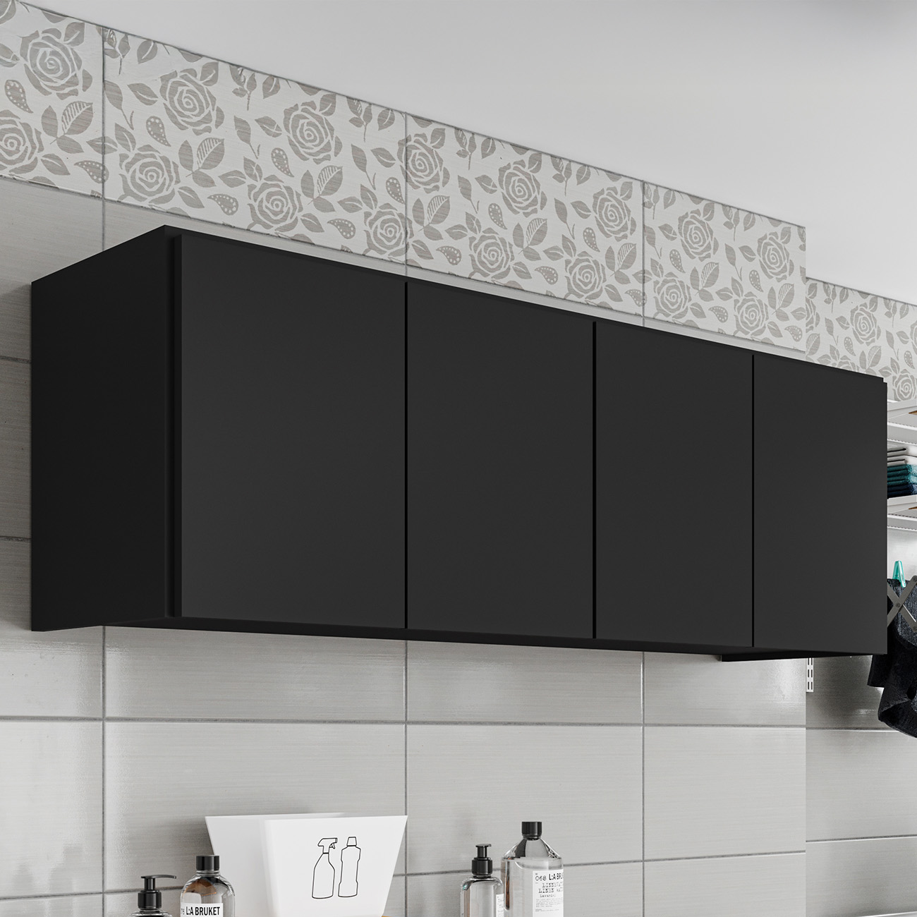 Armário Aéreo Multiuso Lavanderia 118cm Monna Preto Z34     - Mpozenato