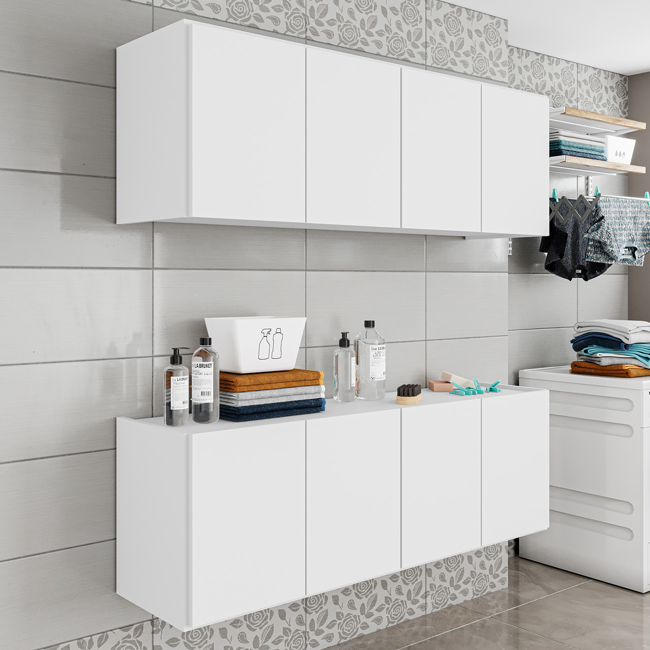 Armário Aéreo e Balcão Para Lavanderia 118cm Monna Branco Z34 - Mpozenato