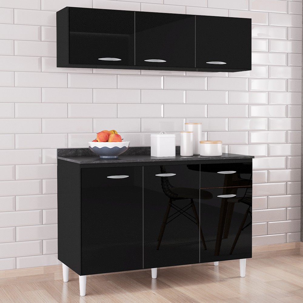 Armário Aéreo e Balcão de Cozinha 120cm com Tampo Classic P11 Preto - Mpozenato