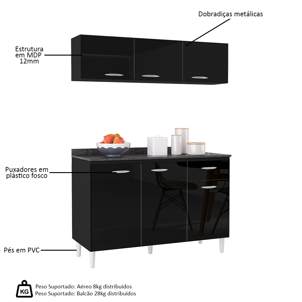 Armário Aéreo e Balcão de Cozinha 120cm com Tampo Classic P11 Preto - Mpozenato