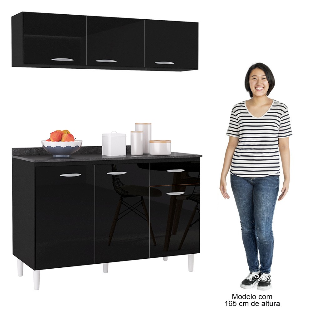 Armário Aéreo e Balcão de Cozinha 120cm com Tampo Classic P11 Preto - Mpozenato