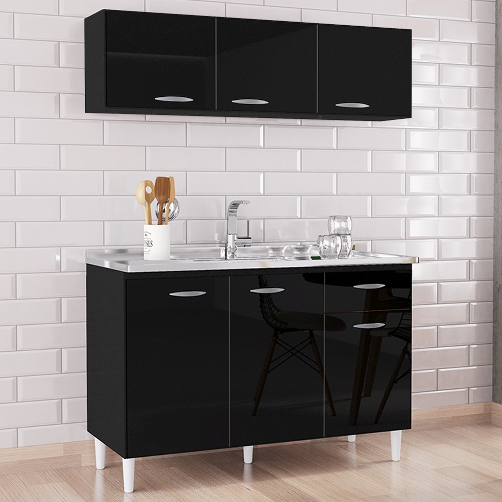 Armário Aéreo e Balcão de Cozinha com Pia Inox 120cm Classic P11 Preto - Mpozenato