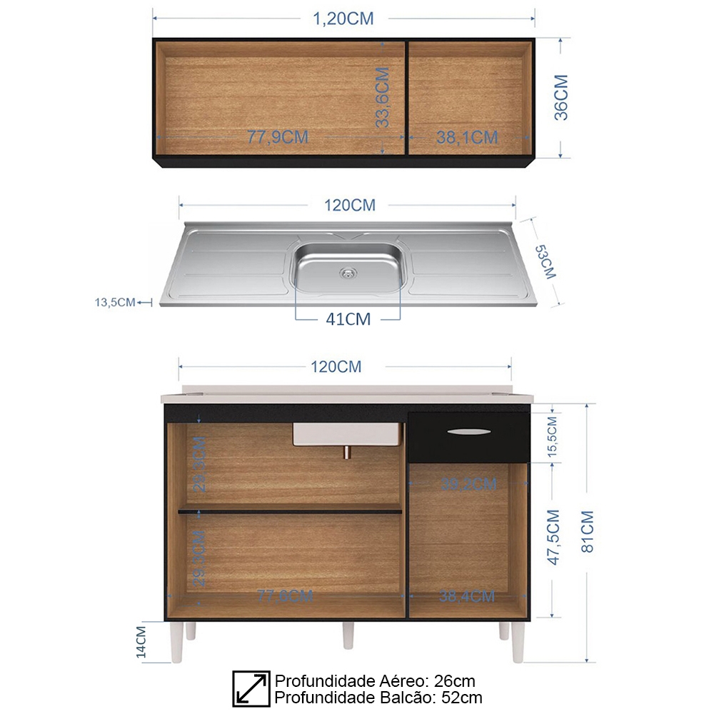 Armário Aéreo e Balcão de Cozinha com Pia Inox 120cm Classic P11 Preto - Mpozenato