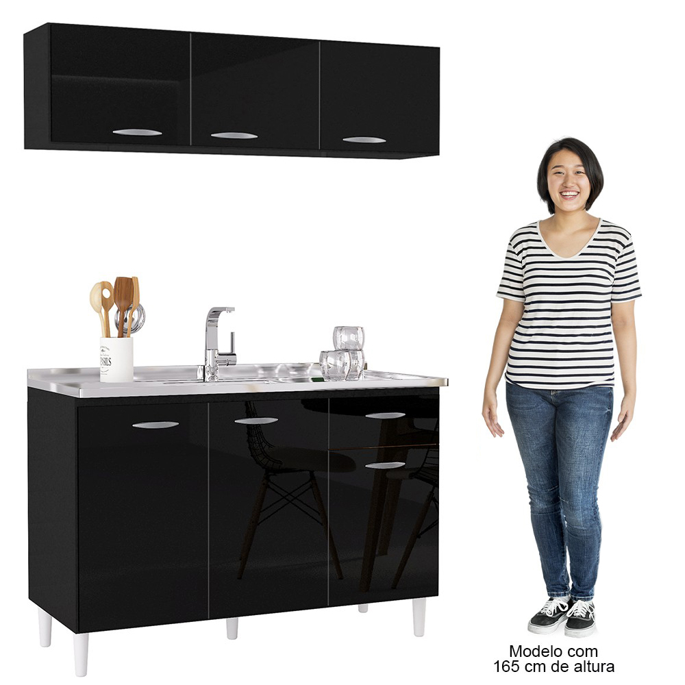 Armário Aéreo e Balcão de Cozinha com Pia Inox 120cm Classic P11 Preto - Mpozenato