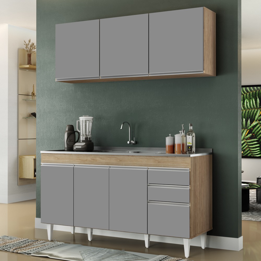 Armário Líbia e Balcão com Pia Inox 150cm Tunísia L03 Castanho/Cinza - Mpozenato