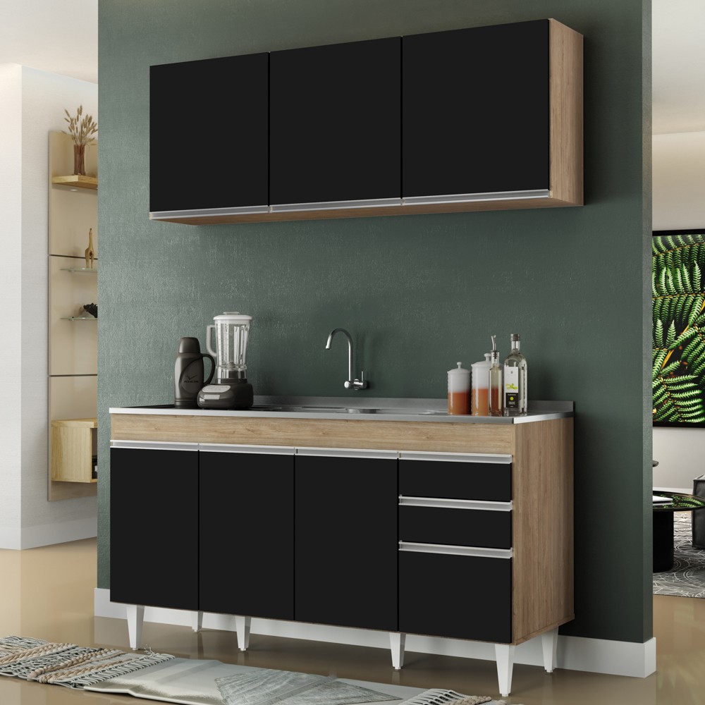 Armário Líbia e Balcão com Pia Inox 150cm Tunísia L03 Castanho/Preto - Mpozenato