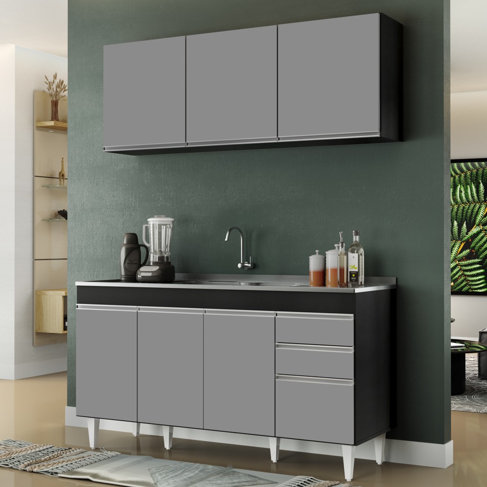 Armário Líbia e Balcão com Pia Inox 150cm Tunísia L03 Preto/Cinza - Mpozenato