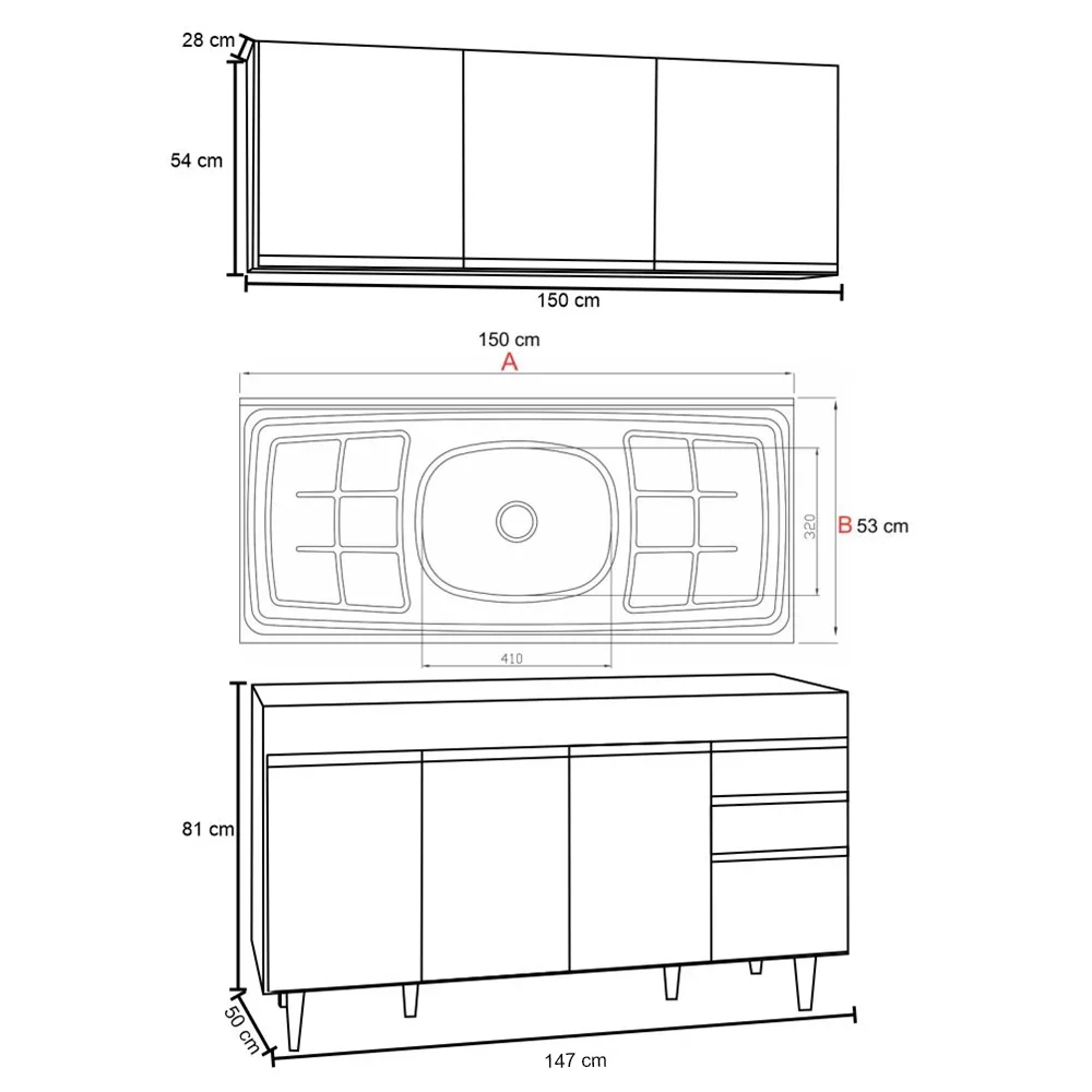 Armário Líbia e Balcão com Pia Inox 150cm Tunísia L03 Preto/Cinza - Mpozenato