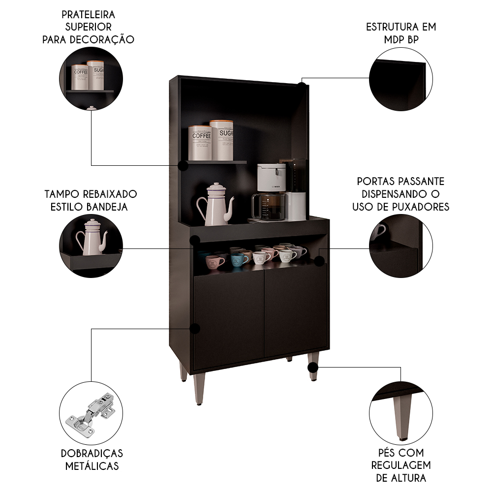Armário de Cozinha 2 Portas Cantinho do Café 70cm Bella M24 Preto - Mpozenato