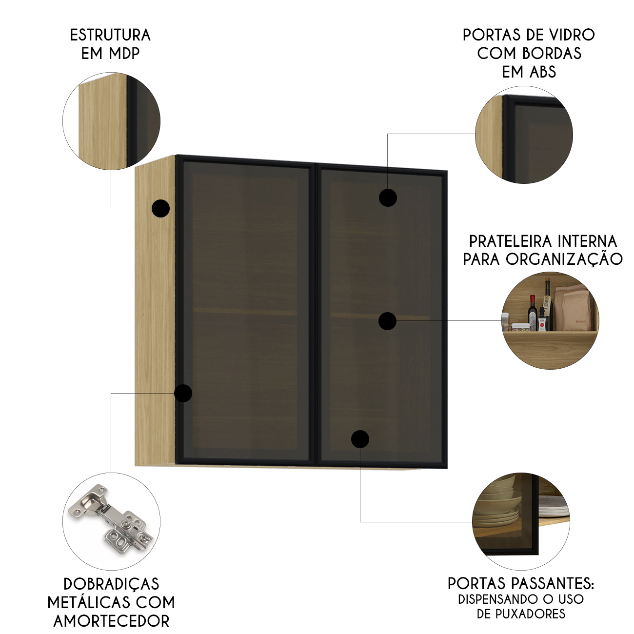 Armário de Cozinha 80cm 2 Portas de Vidro Minsk Freijó Z06 - Mpozenato