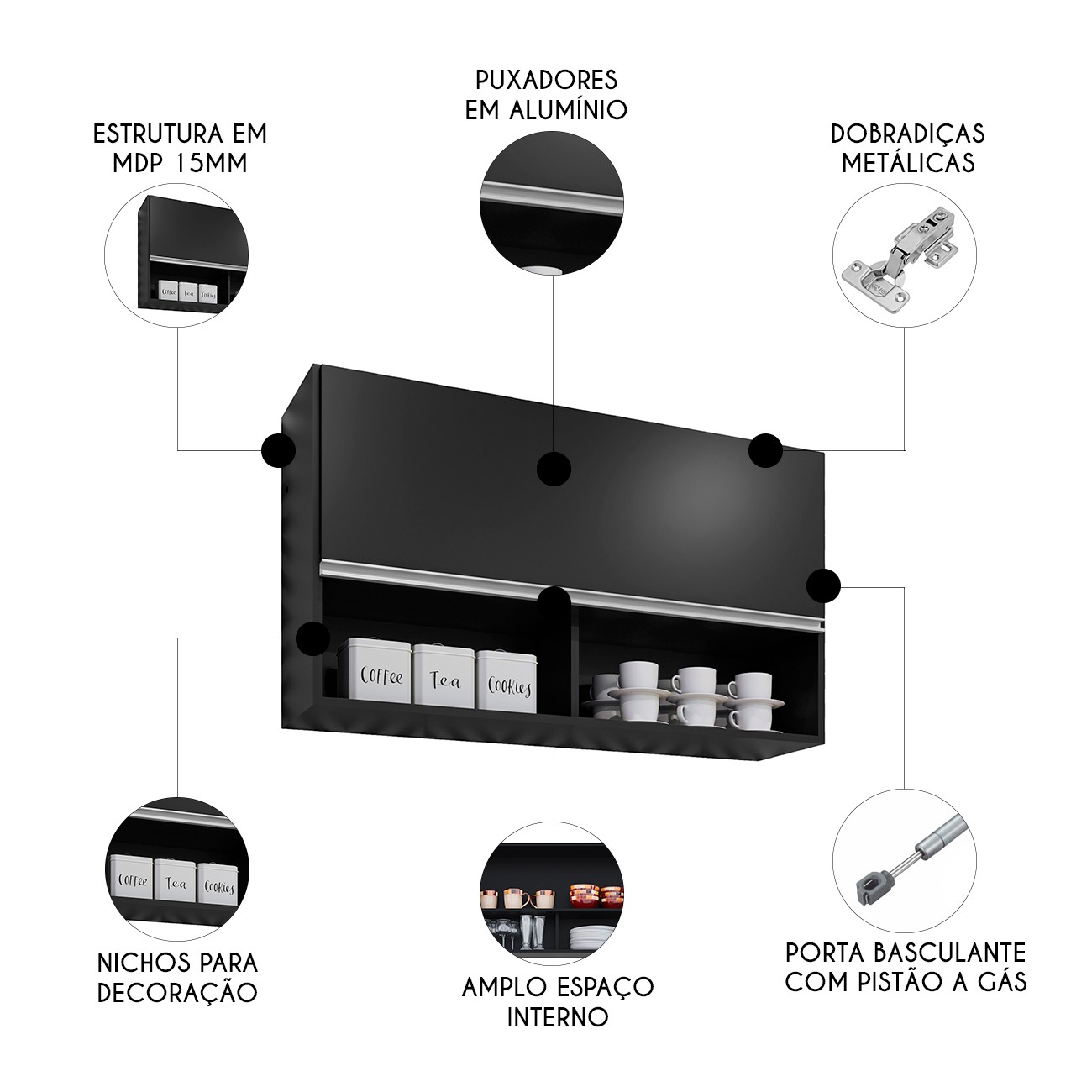 Armário de Cozinha Aéreo 100cm Basculante Mia M24 Preto - Mpozenato