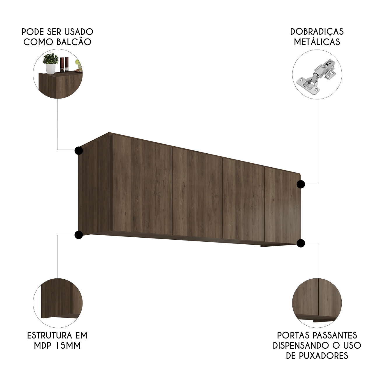 Armário de Cozinha Aéreo 118cm 4 Portas Monna Freijó Z34  - Mpozenato