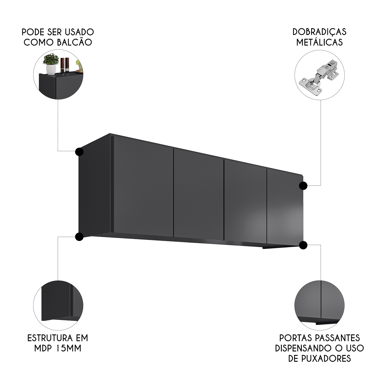Armário de Cozinha Aéreo 118cm 4 Portas Monna Grafite Z34     - Mpozenato