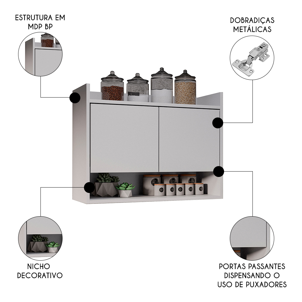 Armário de Cozinha Aéreo 71cm 2 Portas 1 Nicho Ceci M24 Branco - Mpozenato