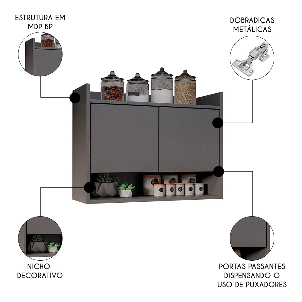Armário de Cozinha Aéreo 71cm 2 Portas 1 Nicho Ceci M24 Grafite - Mpozenato
