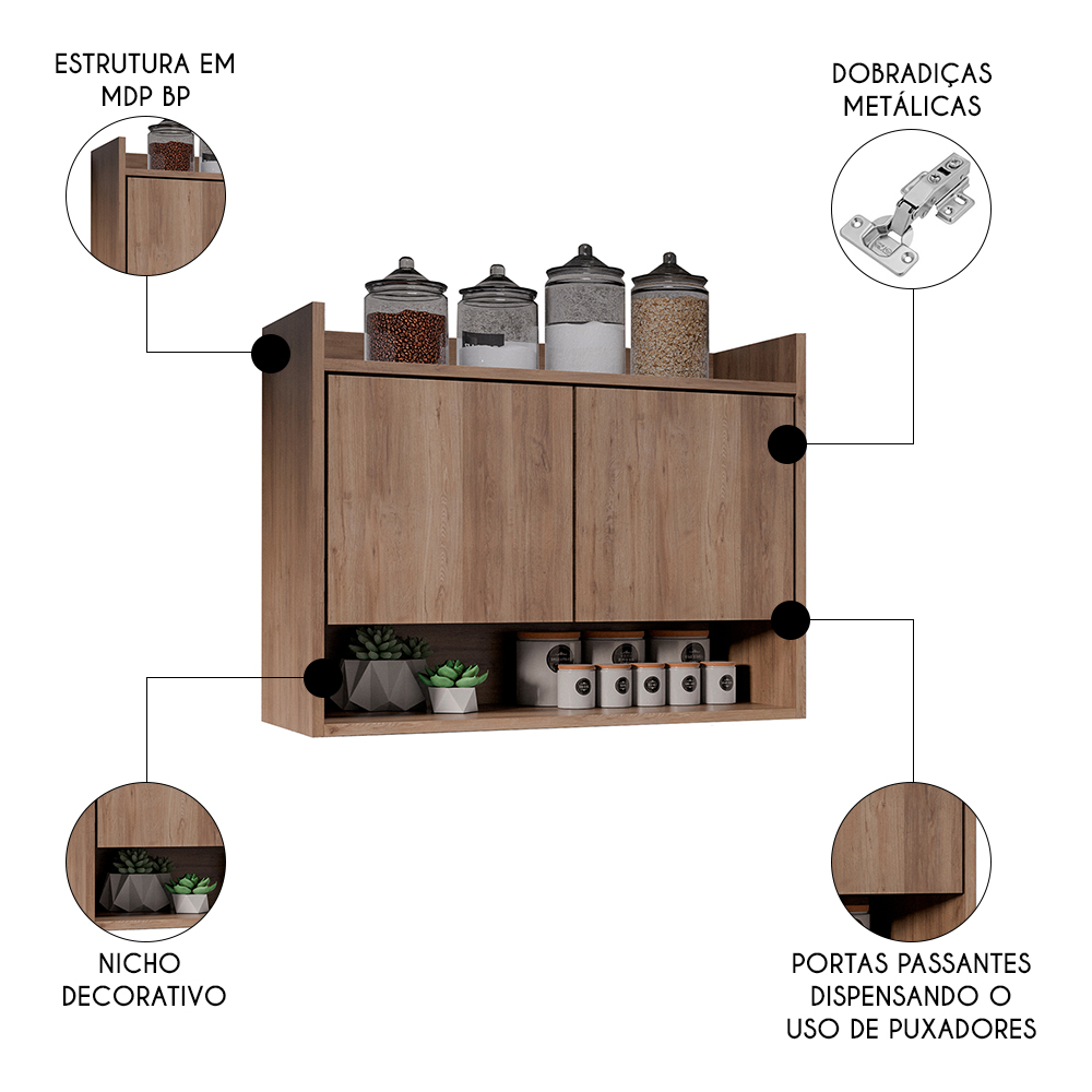 Armário de Cozinha Aéreo 71cm 2 Portas 1 Nicho Ceci Z34 Freijó - Mpozenato