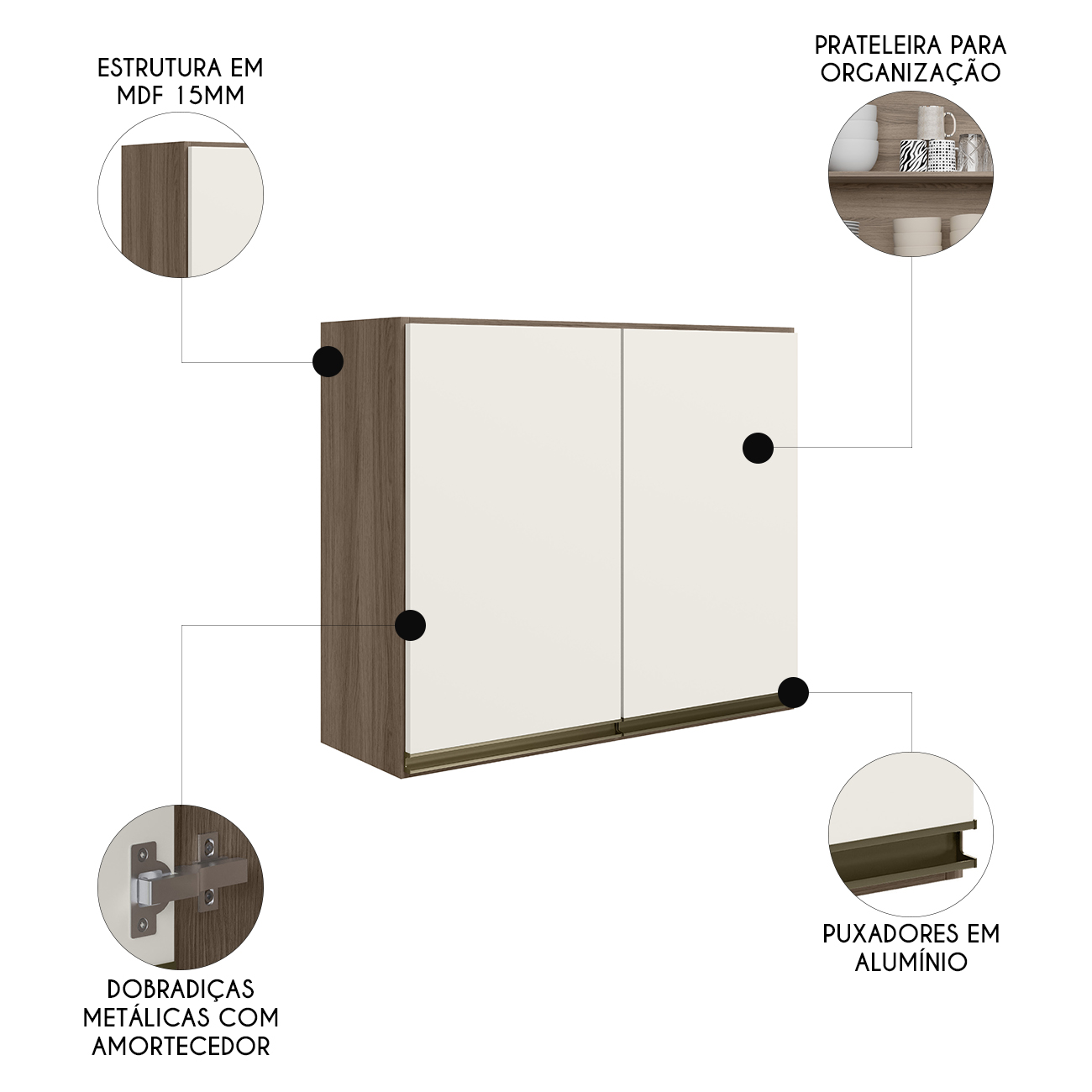 Armário de Cozinha Aéreo 80cm Maly N03 Carvalho/Off White - Mpozenato