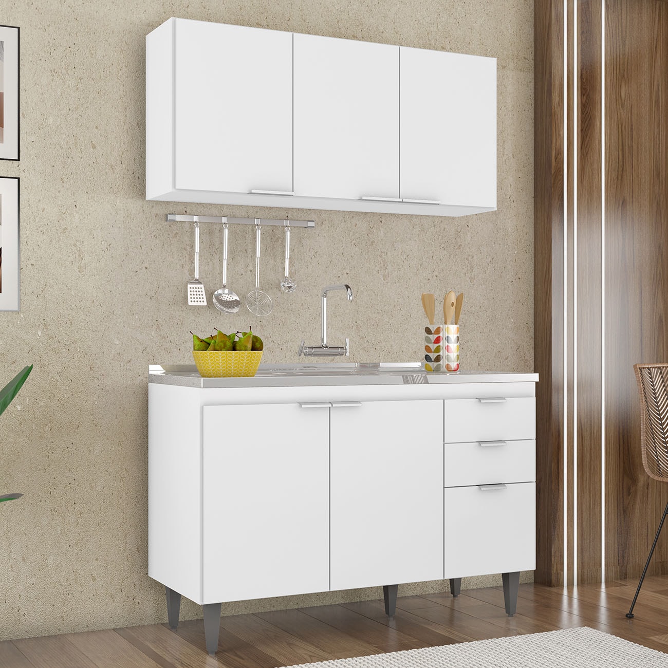 Armário de Cozinha CP01 Com Pia 120cm Pérola Z34 Branco     - Mpozenato