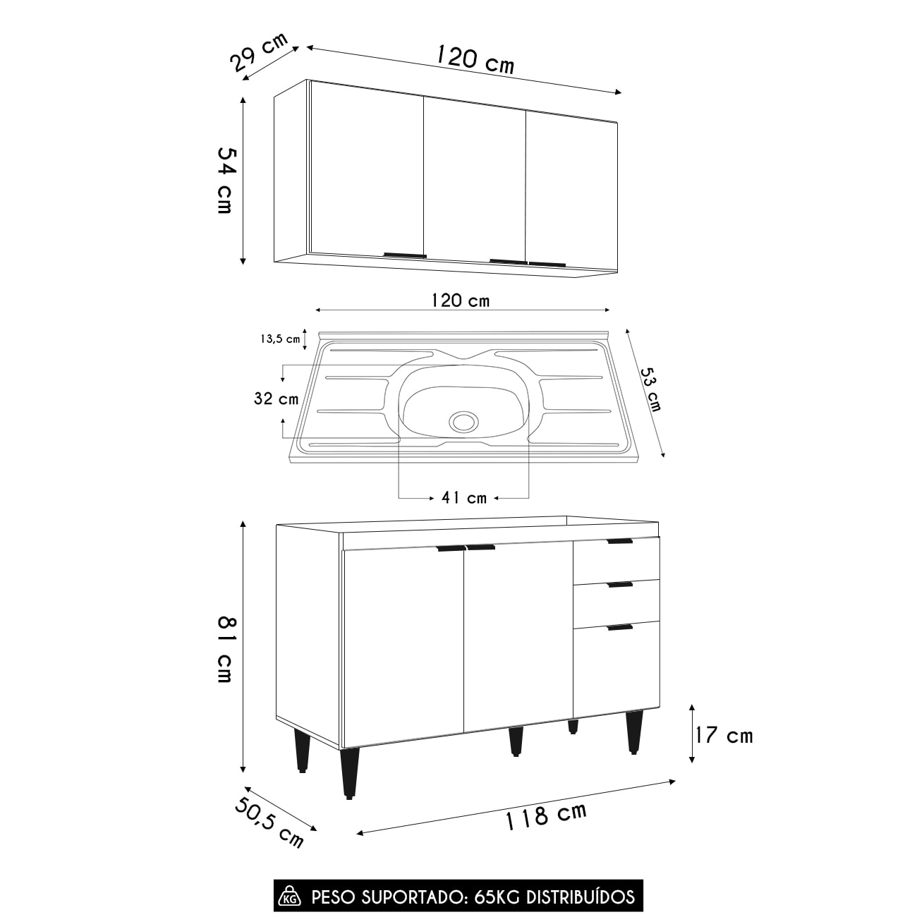 Armário de Cozinha CP01 Com Pia 120cm Pérola Z34 Branco     - Mpozenato