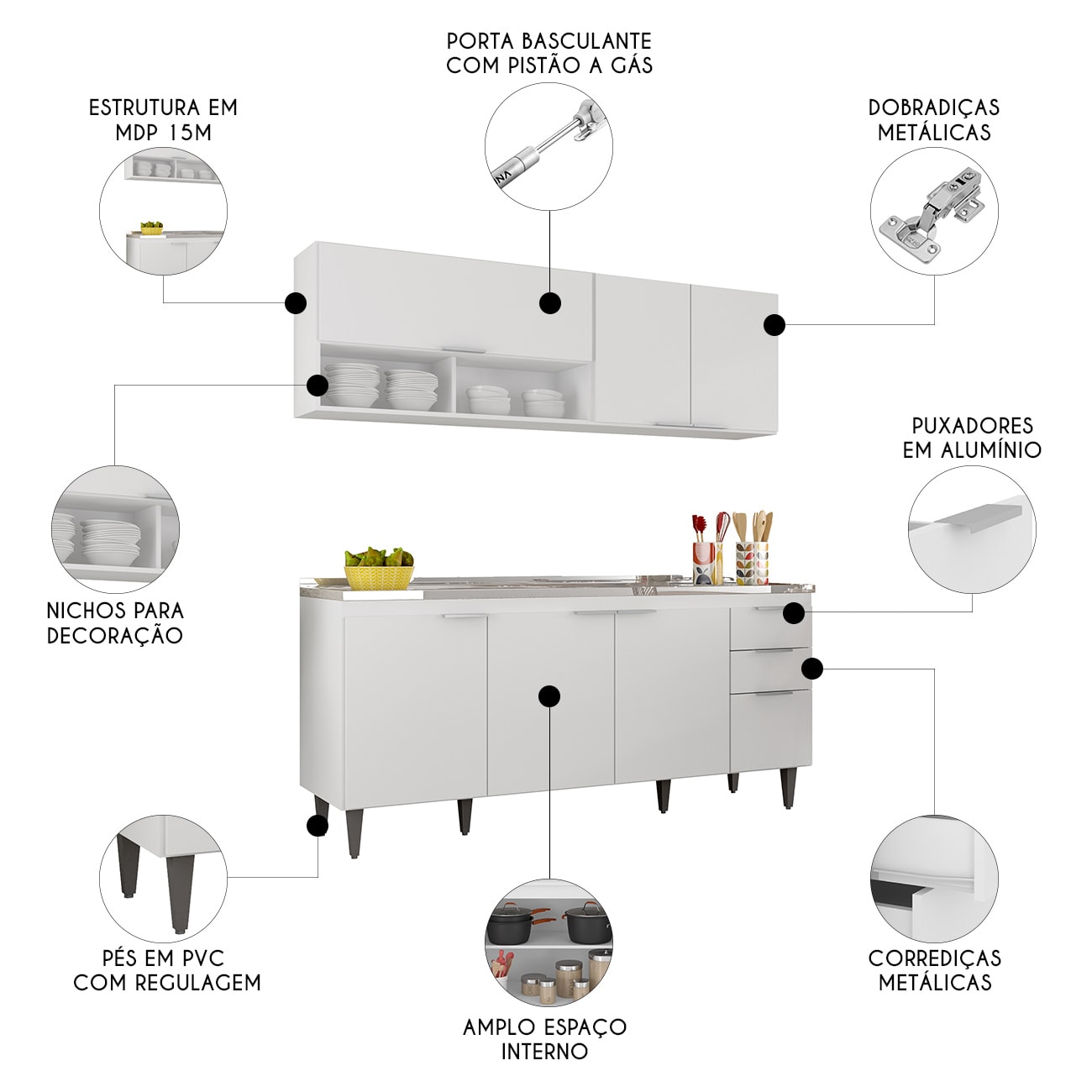 Armário de Cozinha CP01 Com Pia 180cm Pérola Z34 Branco     - Mpozenato