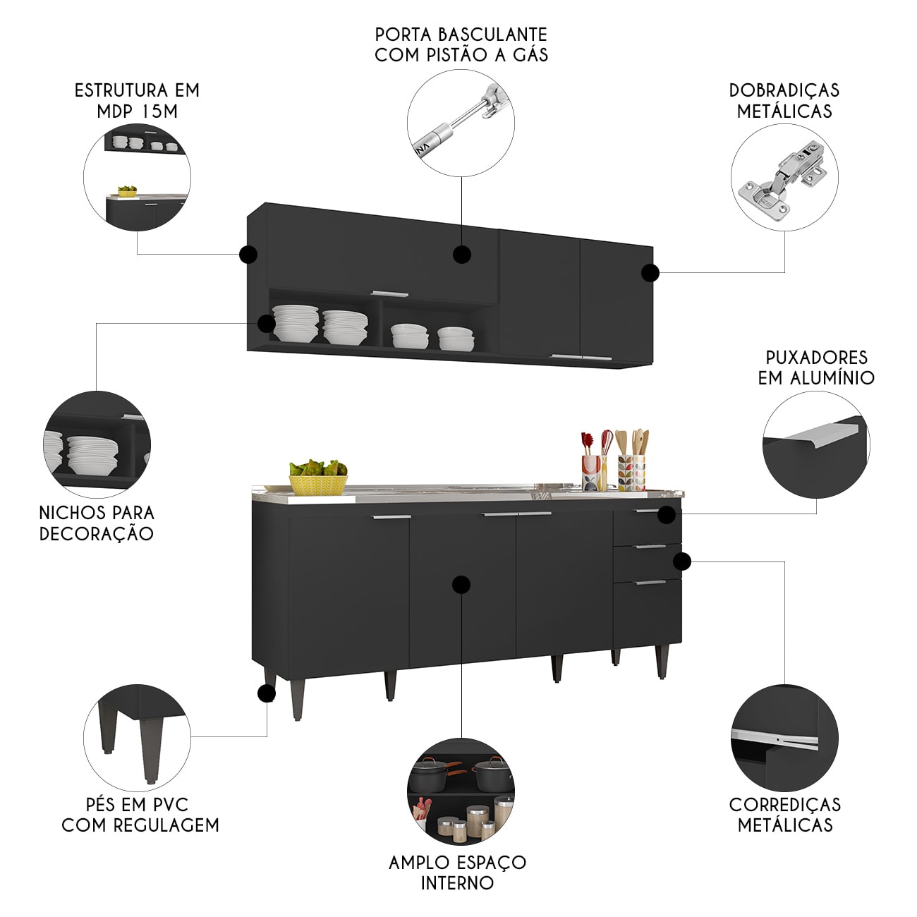 Armário de Cozinha CP01 Com Pia 180cm Pérola Z34 Preto      - Mpozenato