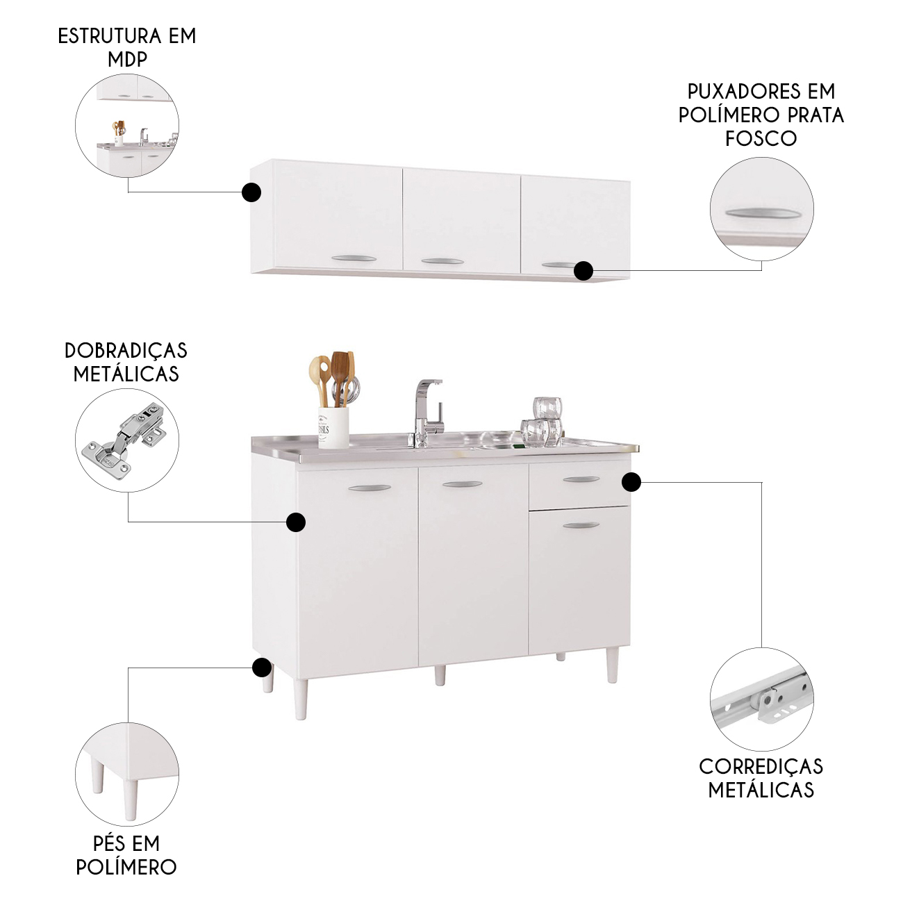 Armário de Cozinha CP01 Com Pia Inox Classic P11 Branco - Mpozenato