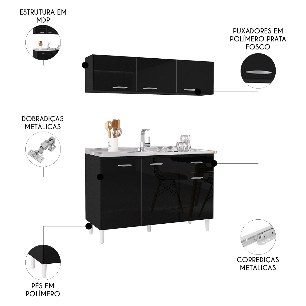 Armário de Cozinha CP01 Com Pia Inox Classic P11 Preto - Mpozenato