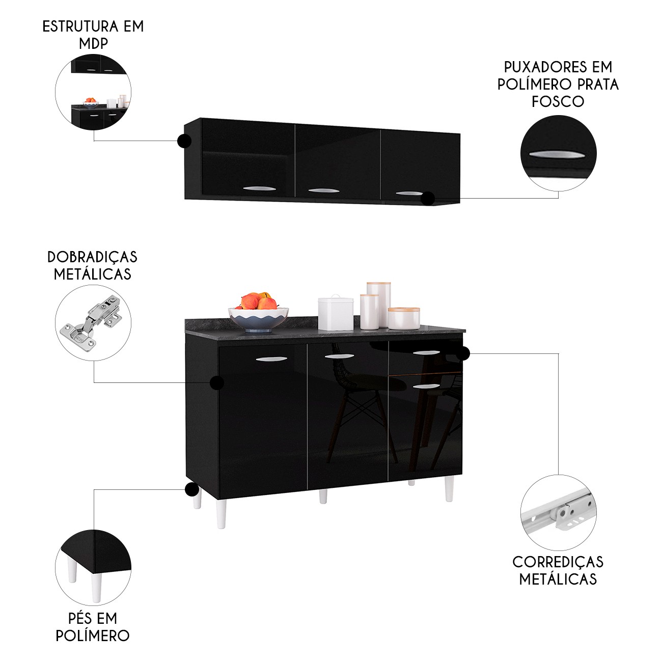 Armário de Cozinha CP01 Com Tampo 120cm Classic P11 Preto - Mpozenato