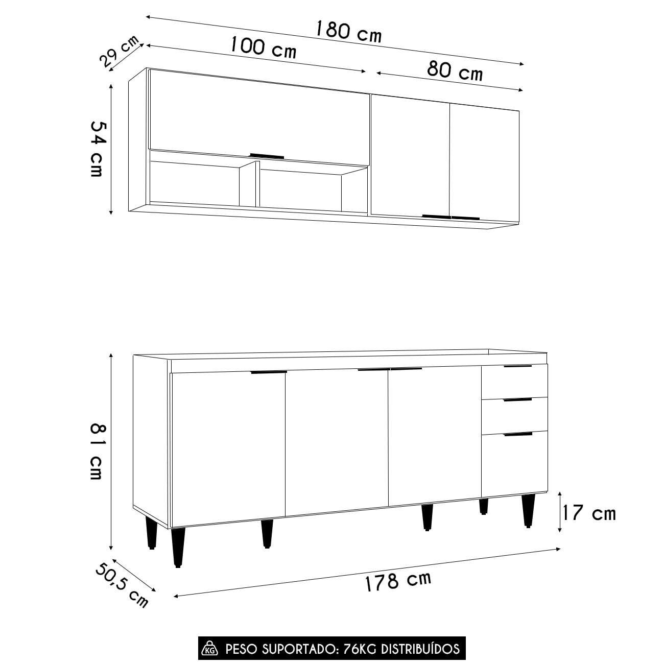 Armário de Cozinha CP01 Para Pia 180cm Pérola Z34 Preto     - Mpozenato
