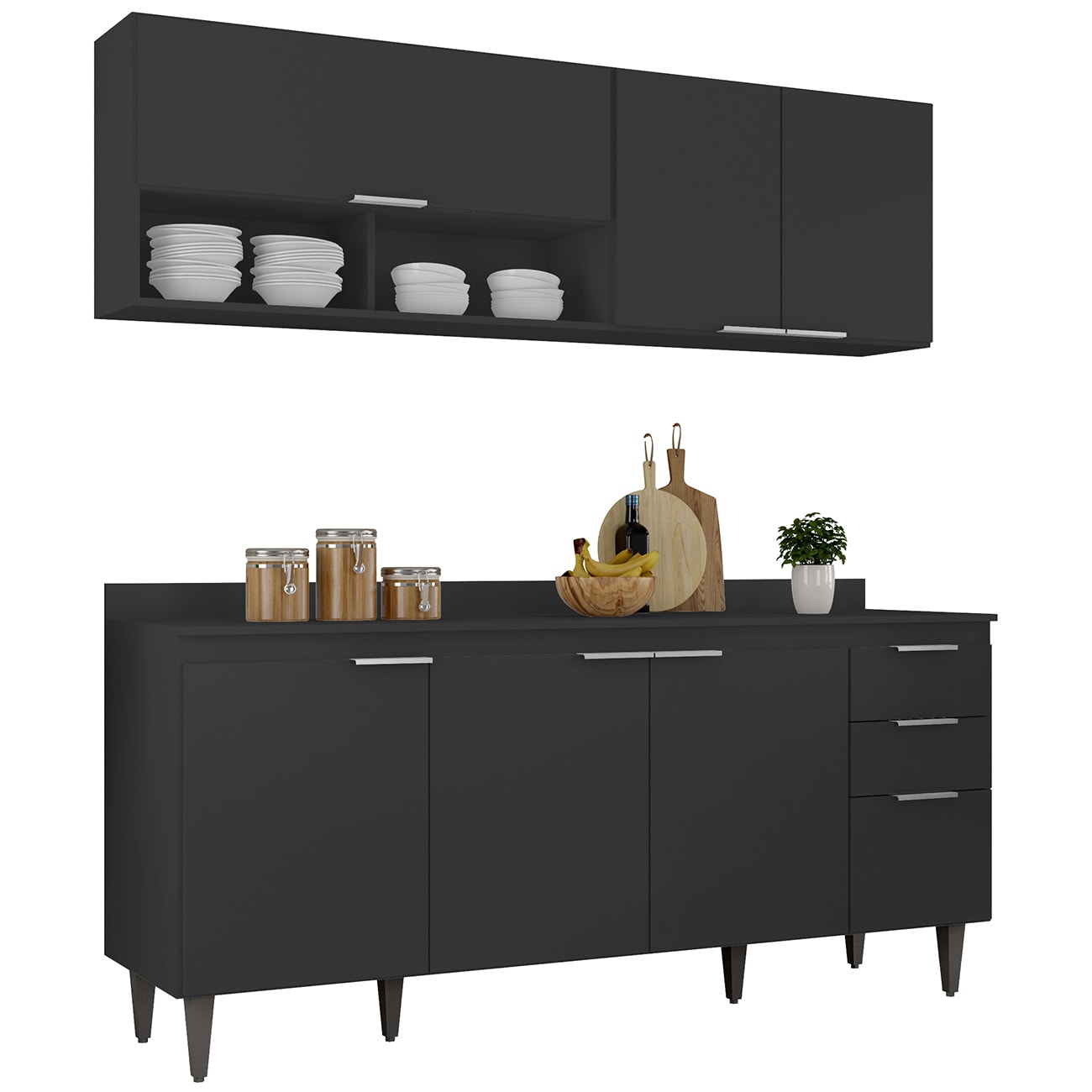 Armário de Cozinha CP01 e Tampo 180cm Pérola Preto Z34      - Mpozenato