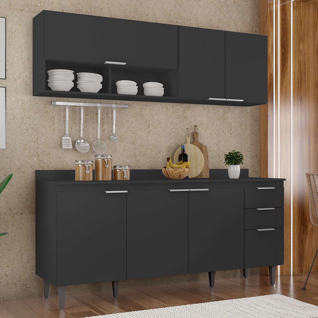 Armário de Cozinha CP01 e Tampo 180cm Pérola Preto Z34      - Mpozenato
