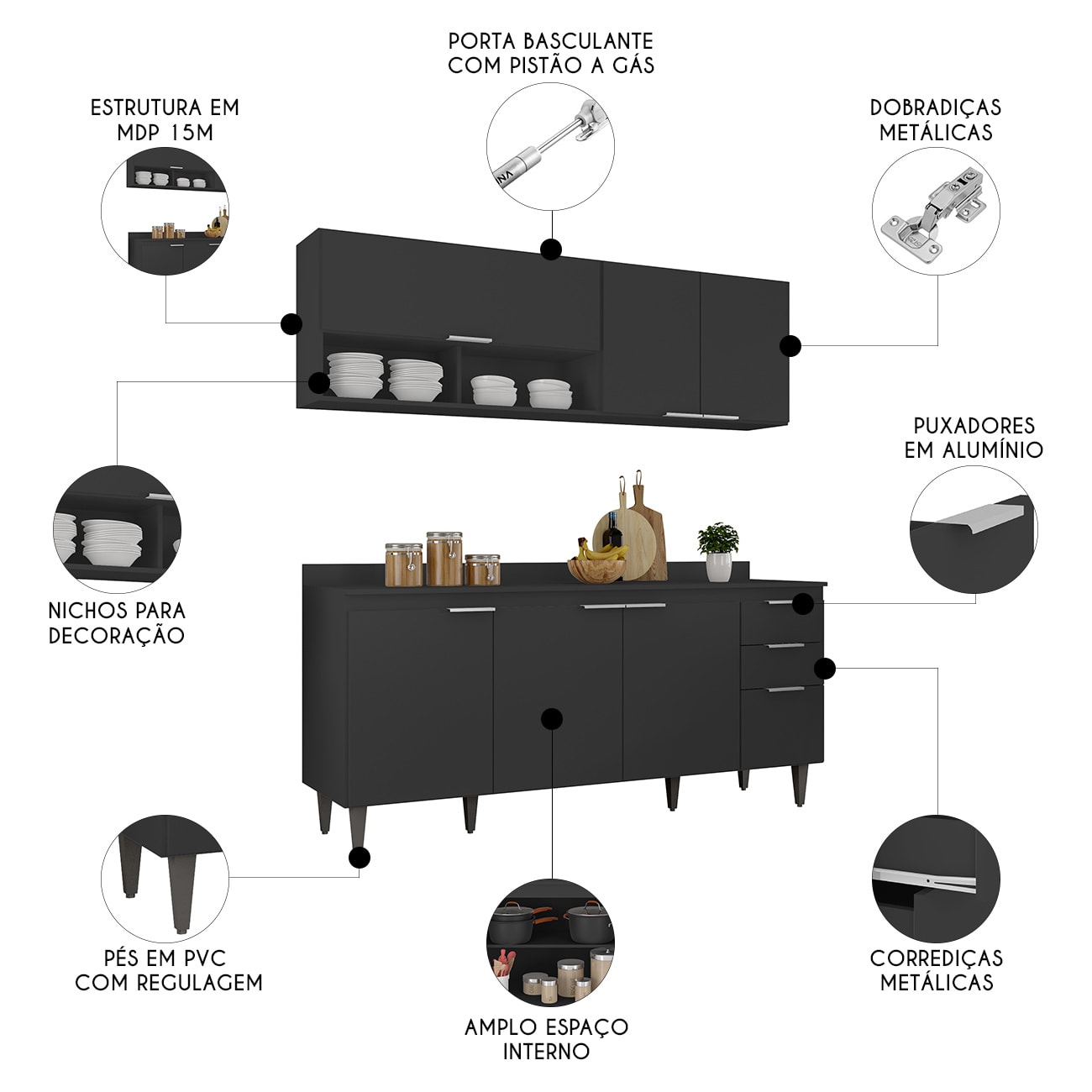 Armário de Cozinha CP01 e Tampo 180cm Pérola Preto Z34      - Mpozenato