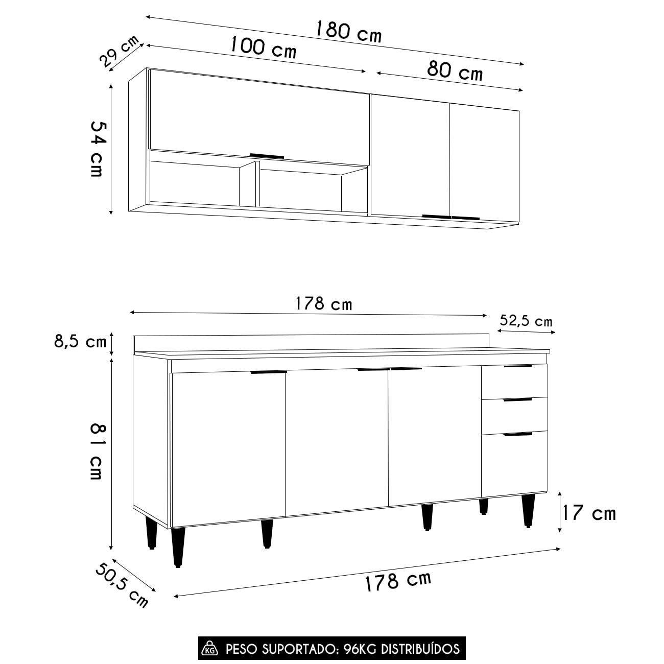 Armário de Cozinha CP01 e Tampo 180cm Pérola Preto Z34      - Mpozenato