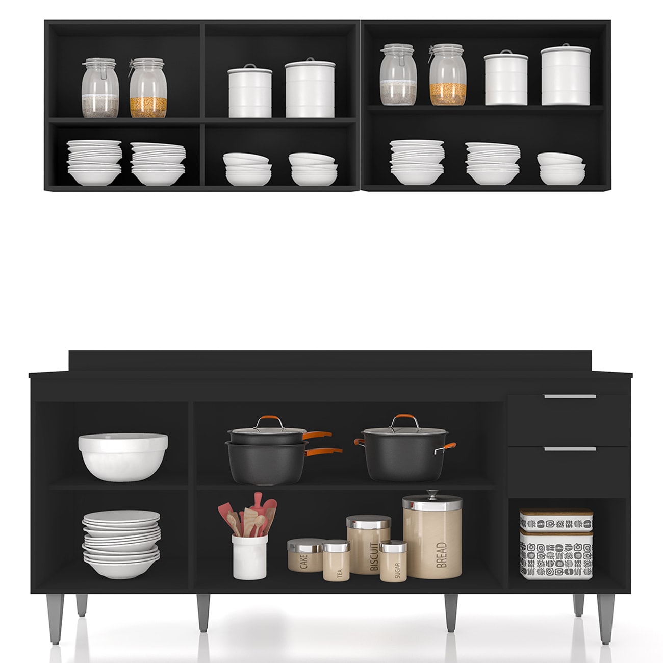 Armário de Cozinha CP01 e Tampo 180cm Pérola Preto Z34      - Mpozenato
