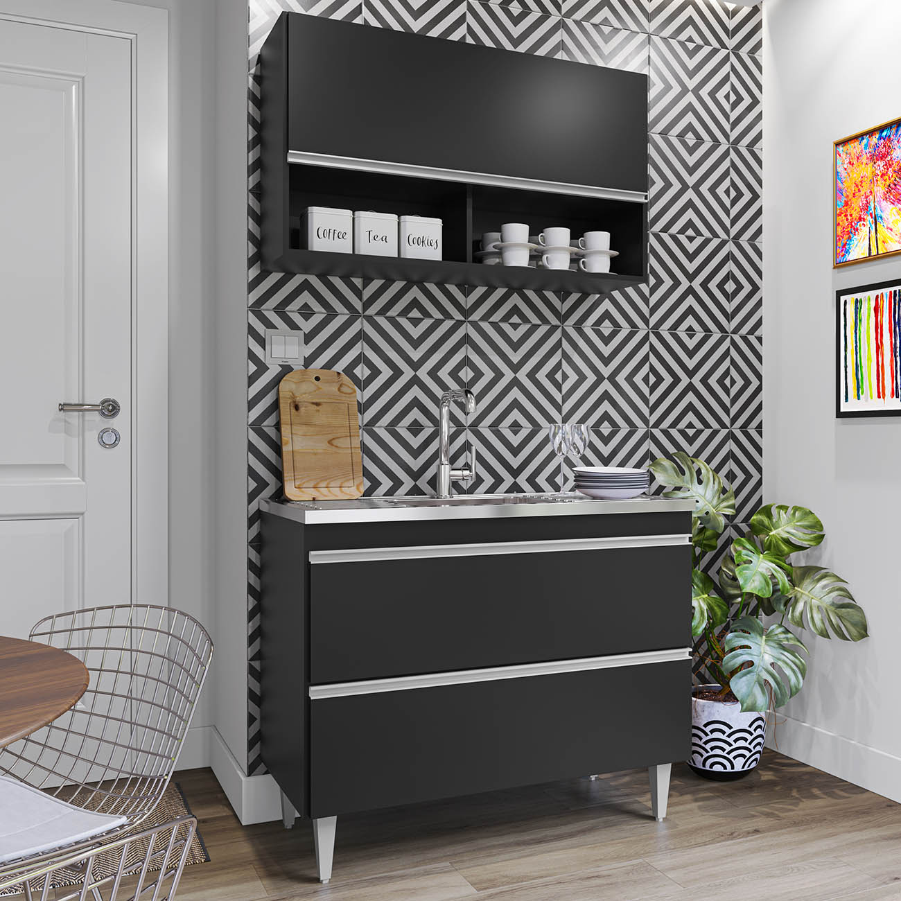 Armário de Cozinha Com Nichos CP01 Com Pia 100cm Z34 Preto  - Mpozenato