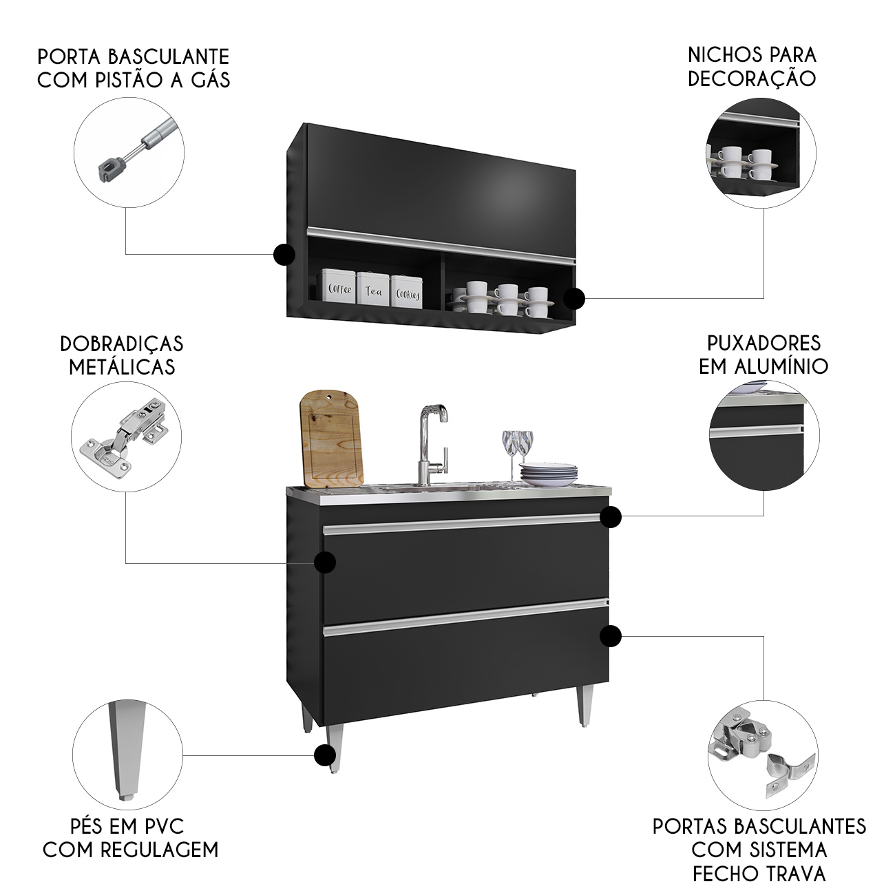 Armário de Cozinha Com Nichos CP01 Com Pia 100cm Z34 Preto  - Mpozenato