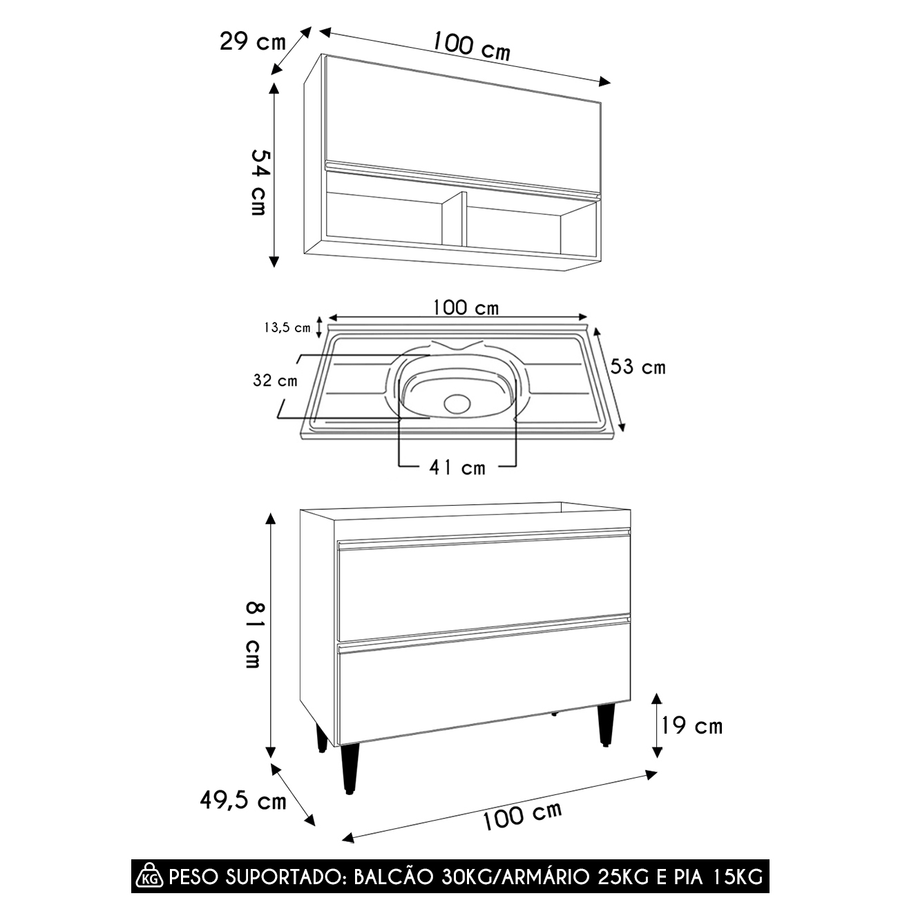 Armário de Cozinha Com Nichos CP01 Com Pia 100cm Z34 Preto  - Mpozenato