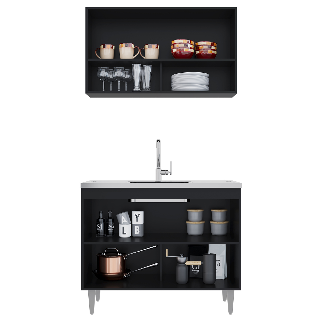 Armário de Cozinha Com Nichos CP01 Com Pia 100cm Z34 Preto  - Mpozenato
