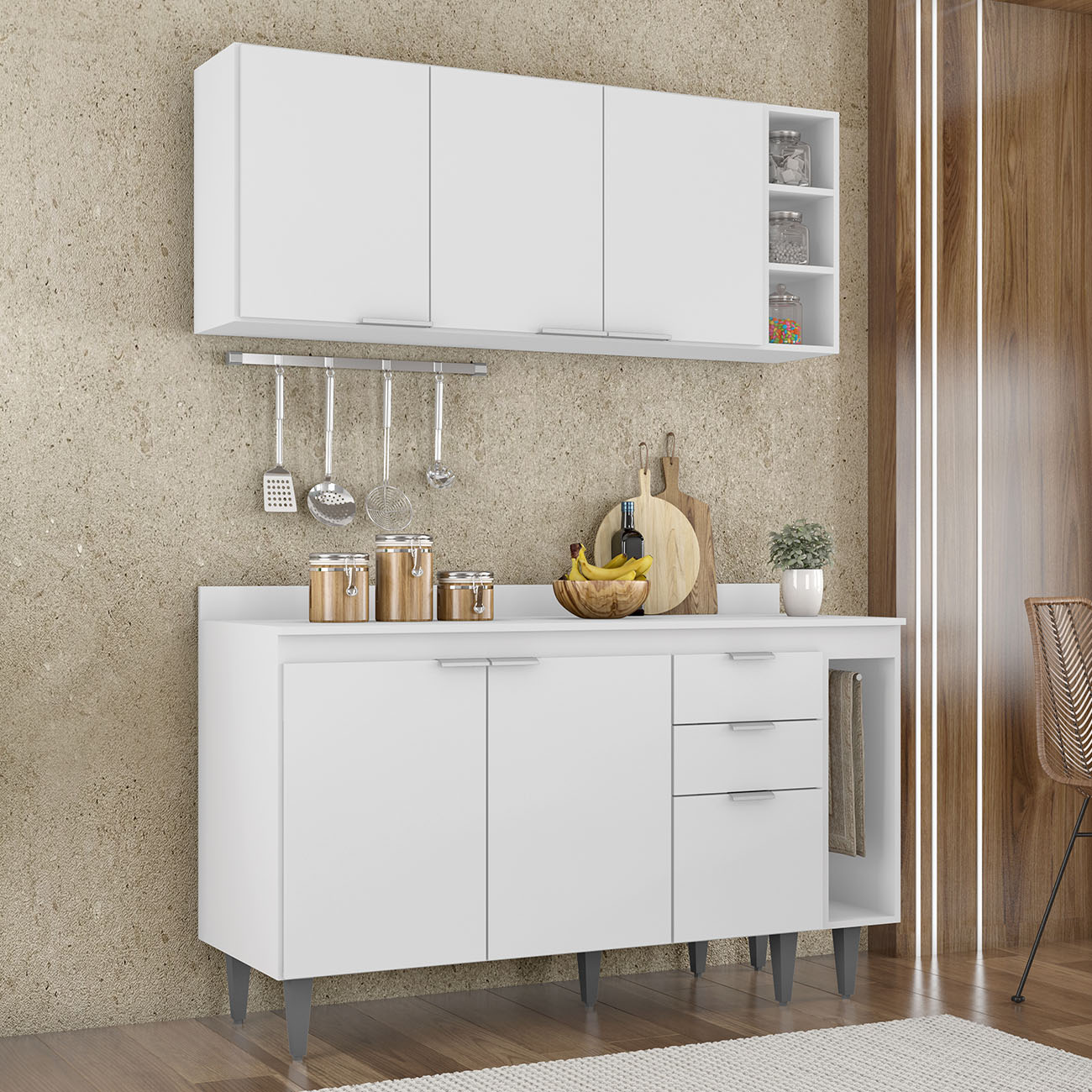 Armário de Cozinha Com Tampo CP08 140cm Pérola Branco Z34     - Mpozenato