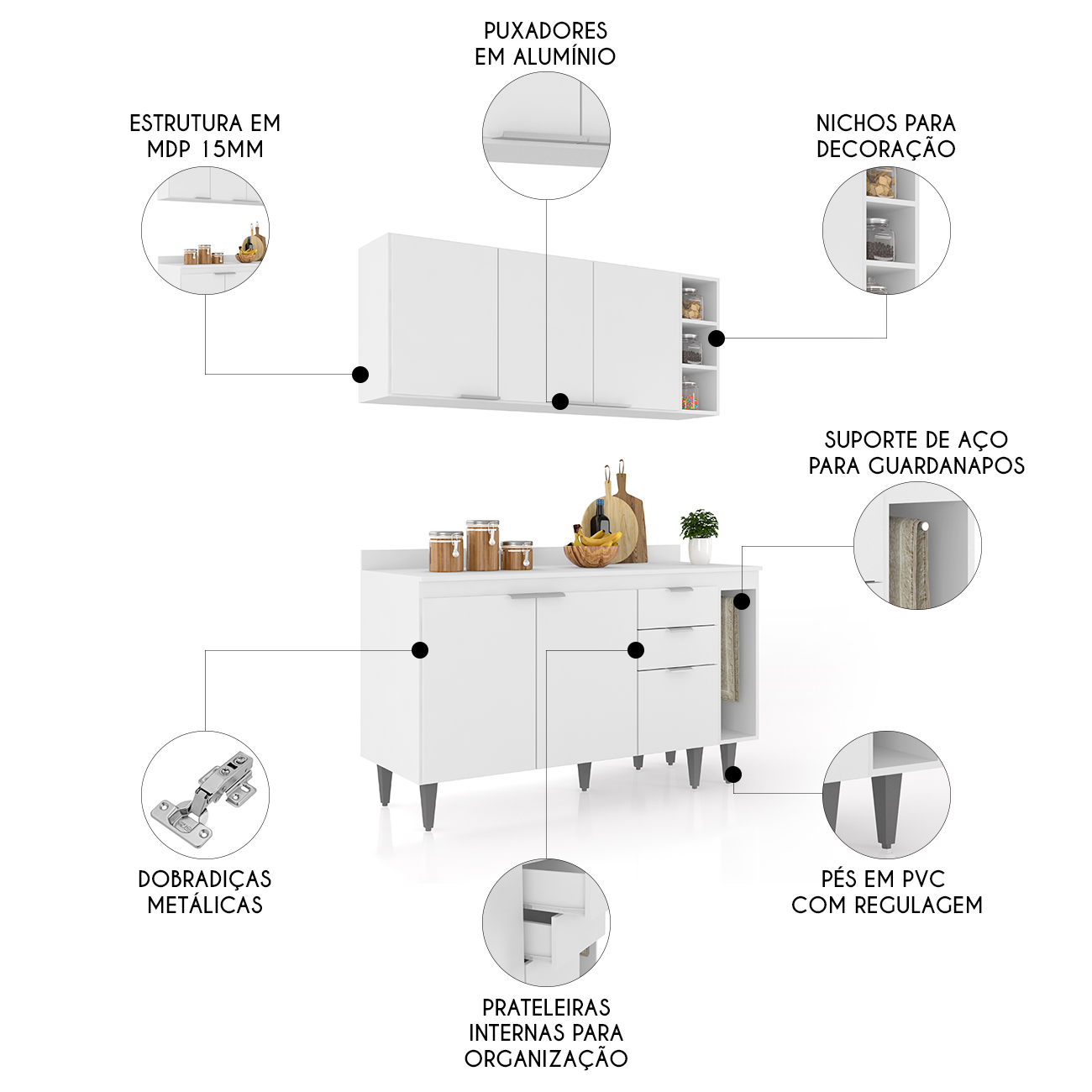 Armário de Cozinha Com Tampo CP08 140cm Pérola Branco Z34     - Mpozenato